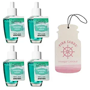 Bath and Body Works 4 Pack Turquoise Waters Wallflowers Fragrance Refill. 0.8 fl oz. + Paperboard Car Jar Pink Sands.
