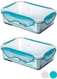 ClipFresh CFGLST5102/2B Airtight Oven-Safe Glass Food Storage Containers with BPA-Free Locking Lids (Pack of 2), 6-Cup, Teal