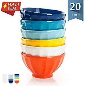 【Flash Deal】Sweese 1118 Porcelain Fluted Latte Bowl Set - 20 Ounce Stable and Deep - Microwavable Bowls for Cereal, Soup - Set of 6, Hot Assorted Colors