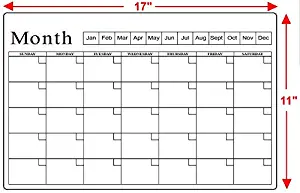 Stainproof Dry Erase White Board Calendar Decal Sticker for Refrigerators, Walls and Most Other Smooth Interior Surfaces - 17" Wide x 11" Tall