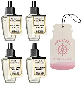 Bath and Body Works 4 Pack White Sands Beaches Wallflowers Fragrance Refill. 0.8 fl oz. + Paperboard Car Jar Pink Sands.