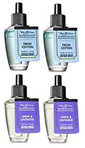 Bath and Body Works 4 Pack Wallflowers Fragrance Refill. 0.8 fl oz. Fresh Cotton and Linen & Lavender.