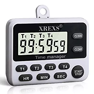 XREXS 4 Channels Digital Kitchen Timer Clock, Cooking Timer with Large LCD Display, 4 Groups Simultaneous Timing Countdown Up Pocket Timer, Magnetic Attachable (battery included) (396)