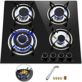Happybuy 23x20 inches Built in Gas Cooktop 4 Burners Gas Stove Cooktop Tempered Glass Cooktop Gas Hob With Liquid Propane Conversion Kit Thermocouple Protection and Easy To Clean