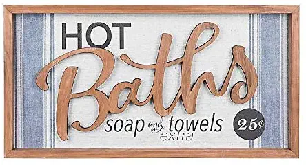 Ka Home Decor Wall Sign and Plaque with Fun Hot Baths Saying | Brown, Blues and Gray Colors | Ideal Accent Decoration for Bathroom or Powder Room | Measures 12X24 Inches