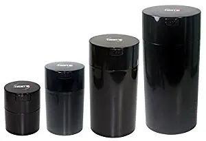 Tightvac Nested Set of 4 Vacuum Sealed Dry Goods Storage Containers, 4 Sizes: 24-Ounce, 12-Ounce, 6-Ounce, 3-Ounce, Solid Black Body/Black Cap