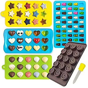 Candy Molds & Silicone Chocolate Mold | Jello & Ice Cube Trays | Set of 4 | Non Stick & BPA Free | Hearts, Stars, Shells & Gummy plus 1 dropper - by Lucentee