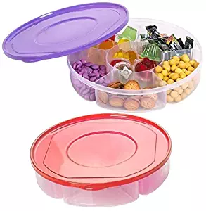 2 Pack - Candy and Nut Serving Container, Appetizer Tray with Lid, 6 Compartment Round Plastic Food Storage Lunch Organizer, Divided Snack Platter Dish with Cover, 10-Inch
