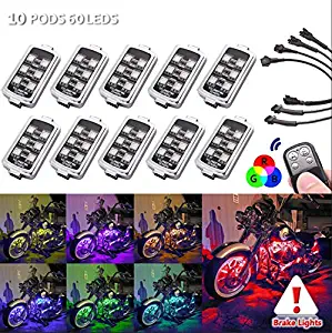 10 PODS Motorcycle LED Accent Glow Neon Light - Multi-Color Ground Effect Atmosphere Lights with Wireless Remote Controller for Harley Honda Kawasaki Suzuki Ducati Polaris KTM BMW (10 PODs-60 LEDs)