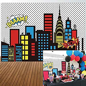 Allenjoy 7x5ft Photography backdrops Superhero Super City Skyline Buildings Children Birthday Party Event Banner Photo Studio Booth Background Baby Shower Photocall Decorations Supplies
