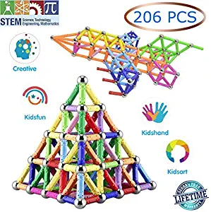 Veatree 206 Pcs Magnetic Building Sticks Blocks Toys, Magnet Educational Toys Magnetic Blocks Sticks Stacking Toys Set for Kids and Adult, Non-Toxic Building Toy 3D Puzzle with Storage Bag
