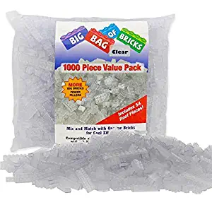 SCS Direct Building Bricks - 1000 Pc Big Bag of Bricks Bulk Unique Colored Clear Blocks with 54 Roof Pieces and Better Variety - Tight Fit with All Major Brands