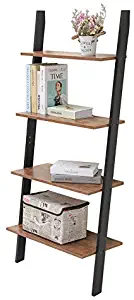 Iwell 4-Tier Ladder Shelf, Rustic Leaning Bookshelf, Wood Look Storage Rack Shelves for Bathroom & Kitchen Bedroom, Office, Stable, Sloping, Leaning Against The Wall, Rustic Brown SJX001X