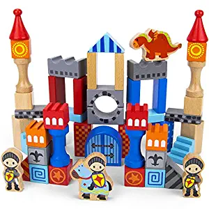 Imagination Generation Heroic Knights Wooden Castle Building Blocks, 50-Piece Medieval Play Toy Set in Storage Drum