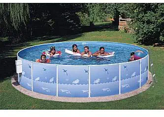 15' Round by 36" Height Pool Wall Aqua Friends PT Club Above Ground Swimming Pool Pack (No Port Hole) | Bundle with Solid Blue Liner, A Frame Ladder, Filter and Skimmer