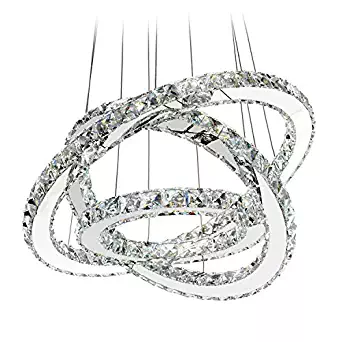 MEEROSEE LED Crystal Chandelier Lighting Ceiling Lights Fixture Contemporary Adjustable Stainless Steel 3 Rings Light for Living Room Bedroom Dining Room D19.7"+15.7"+11.8"