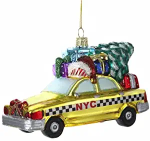 Kurt Adler NYC Checker Taxi with Tree Glass Ornament, 5.35-Inch