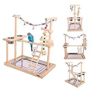 QBLEEV Parrot Playstand Bird Play Stand Cockatiel Playground Wood Perch Gym Playpen Ladder with Feeder Cups Toys Exercise Play (Include a Tray)