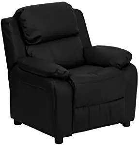 Flash Furniture Deluxe Padded Contemporary Black Leather Kids Recliner with Storage Arms