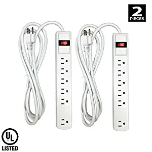 6-Outlet Grounded Surge Protector Power Strip, 450 Joule, 6-Foot Cable Cord Extension, Wall mountable, UL Listed, Ideal for Office or Home, White (2 Pack)