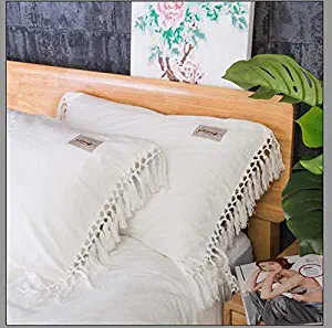 Meaning4 Ivory Pillow Covers Cases Shams Off White Pure Cotton Slips with Tassels Boho Queen Size 20x30 Inch 2 Pieces Solid