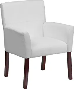 Flash Furniture White Leather Executive Side Reception Chair with Mahogany Legs