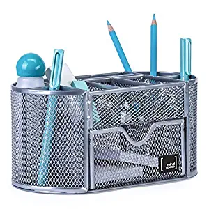Office Supplies Desk Organizer by Mindspace, 8 Compartments + Drawer | Pen Holder for Desk | The Mesh Collection, Silver